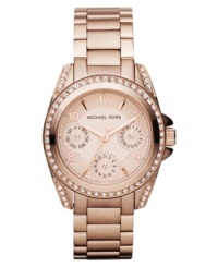 Expand your timepiece style with this shimmering, rosy watch from Michael Kors. Expand your timepiece style with this shimmering, rosy watch from Michael Kors.