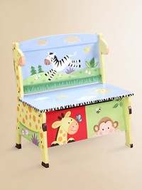 From the Sunny Safari Collection. Jungle friends romp and play all over this bright, hand-painted bench that can double as a toy chest.Sturdy design Safety lid 24¾W X 23¼H X 14½D Constructed of MDF Imported Recommended for ages 3 and up Please note: Some assembly may be required. From the Sunny Safari Collection. Jungle friends romp and play all over this bright, hand-painted bench that can double as a toy chest.Sturdy design Safety lid 24¾W X 23¼H X 14½D Constructed of MDF Imported Recommended for ages 3 and up Please note: Some assembly may be required.