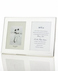 Polished to a lustrous mirror-like finish, this elegant double invitation frame is crafted in silver-plated metal, lending sheer radiance to your finest photos and memorabilia. With Mr. & Mrs. engraved in the bottom right corner. Holds two 5 x 7 photos side by side. Polished to a lustrous mirror-like finish, this elegant double invitation frame is crafted in silver-plated metal, lending sheer radiance to your finest photos and memorabilia. With Mr. & Mrs. engraved in the bottom right corner. Holds two 5 x 7 photos side by side.