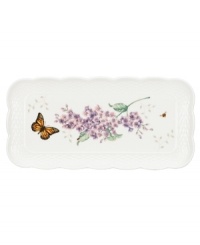 A taste of country living from Lenox. Crafted of elegant white porcelain with a whimsical springtime motif, this Butterfly Meadow Basket tray combines a scalloped edge and textured border for unparalleled charm. A taste of country living from Lenox. Crafted of elegant white porcelain with a whimsical springtime motif, this Butterfly Meadow Basket tray combines a scalloped edge and textured border for unparalleled charm.