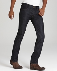 Sleek, slim fit jean in deep selvege denim, with a clean crisp wash. Sleek, slim fit jean in deep selvege denim, with a clean crisp wash.