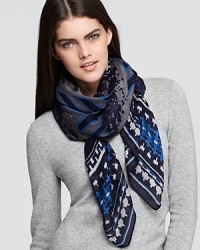 Colorado calling: This geometric-print scarf from Theodora & Callum delivers jet-set style in a beautiful blue and gray palette. Colorado calling: This geometric-print scarf from Theodora & Callum delivers jet-set style in a beautiful blue and gray palette.