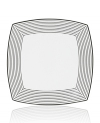 Have fun with the attention-grabbing line design and serious durability of Mikasa's Cheers accented square plates. Bone china in black and white caters modern tables with a sense of whimsy. (Clearance) Have fun with the attention-grabbing line design and serious durability of Mikasa's Cheers accented square plates. Bone china in black and white caters modern tables with a sense of whimsy. (Clearance)