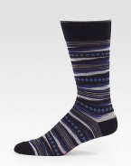 Handsome, woven dress socks printed to perfection in a brightly colored cotton blend.Mid-calf height64% cotton/35% nylon/1% lycraMachine washImported