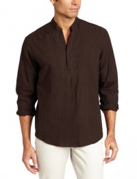 Cubavera Men's Long Sleeve Banded Collar Popover With Embroidery Detail Cubavera Men's Long Sleeve Banded Collar Popover With Embroidery Detail