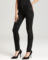 Aqua Luxe denim leggings tout sequin tuxedo stripes for a day-to-night look that revel-ready and rich with trend-right style. Aqua Luxe denim leggings tout sequin tuxedo stripes for a day-to-night look that revel-ready and rich with trend-right style.