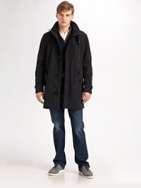 A welcomed addition to any professional wardrobe, this water-resistant classic features a with hidden hood in the collar and a snap-back rear vent for added comfort.Zip frontButtoned placketStand collarElbow patch detailRear ventAbout 34 from shoulder to hemPolyesterDry cleanImported A welcomed addition to any professional wardrobe, this water-resistant classic features a with hidden hood in the collar and a snap-back rear vent for added comfort.Zip frontButtoned placketStand collarElbow patch detailRear ventAbout 34 from shoulder to hemPolyesterDry cleanImported