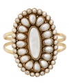 Graceful accents lend sophistication. Lucky Brand's cuff bracelet features mother-of-pearl embellishments. Set in gold tone mixed metal. Approximate diameter: 2-1/2 inches.