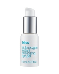 Bliss Triple Oxygen Instant Energizing Eye Gela refreshing gel that helps to revitalize tired eyesBreathe new life into less-than-perky peepers with this cooling, hydrating eye gel. Used in our spas radiance-revving Triple Oxygen Treatment™, its the first eye formula to contain stimulating caffeine to deflate puff on the double while fading fine lines with soft focus powders, delivering an instant lifting effect, and leaving a weary wink looking bright, rested and revitalized with oxygen and a super-powered form of vitamin C. Eyes and shine! Leaves fatigued eyes looking bright and rested De-puffs with caffeine while fading fine lines Delivers skin-reviving oxygen to mimic our spa facial Bliss Triple Oxygen Instant Energizing Eye Gela refreshing gel that helps to revitalize tired eyesBreathe new life into less-than-perky peepers with this cooling, hydrating eye gel. Used in our spas radiance-revving Triple Oxygen Treatment™, its the first eye formula to contain stimulating caffeine to deflate puff on the double while fading fine lines with soft focus powders, delivering an instant lifting effect, and leaving a weary wink looking bright, rested and revitalized with oxygen and a super-powered form of vitamin C. Eyes and shine! Leaves fatigued eyes looking bright and rested De-puffs with caffeine while fading fine lines Delivers skin-reviving oxygen to mimic our spa facial