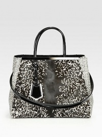 Luxurious haircalf in an abstract animal print with patent leather trim and signature hardware.Double patent leather top handles, 5½ dropDetachable patent leather shoulder strap, 13¼ dropSnap strap closureProtective metal feetOne zip and two open compartmentsTwo inside open pocketsFully lined14W X 10¾H X 6DMade in Italy Luxurious haircalf in an abstract animal print with patent leather trim and signature hardware.Double patent leather top handles, 5½ dropDetachable patent leather shoulder strap, 13¼ dropSnap strap closureProtective metal feetOne zip and two open compartmentsTwo inside open pocketsFully lined14W X 10¾H X 6DMade in Italy