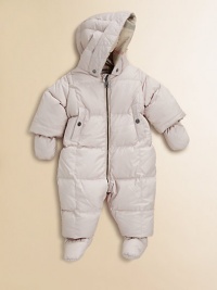 Keep baby snug in this puffy, zip-front, check-lined snowsuit with attached hood, slash pockets, detachable mittens and footies.Attached hoodLong sleeves with detachable mittensZip front and seatElastic cuffs and hemFront slash pockets with snap closureGathered elasticized backDetachable footiesPolyesterMachine washImported Keep baby snug in this puffy, zip-front, check-lined snowsuit with attached hood, slash pockets, detachable mittens and footies.Attached hoodLong sleeves with detachable mittensZip front and seatElastic cuffs and hemFront slash pockets with snap closureGathered elasticized backDetachable footiesPolyesterMachine washImported