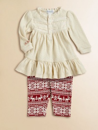 A pretty and festive set pairs a ruffled and lace-trimmed Henley tunic with a printed stretch cotton legging. Tunic Lace-trimmed crewneckLong puffed sleevesButton-frontRuffled hem Leggings Elastic waistbandTapered legCottonMachine washImported Please note: Number of buttons may vary depending on size ordered. A pretty and festive set pairs a ruffled and lace-trimmed Henley tunic with a printed stretch cotton legging. Tunic Lace-trimmed crewneckLong puffed sleevesButton-frontRuffled hem Leggings Elastic waistbandTapered legCottonMachine washImported Please note: Number of buttons may vary depending on size ordered.