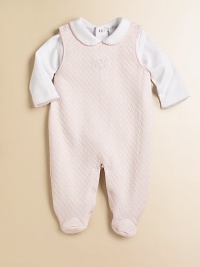 Crafted in ultra-soft pima cotton, this precious quilted two-piece set includes a cozy sweet bodysuit and quilted overall with rocking horse embroidery. Overall Round necklineSleevelessShoulder snapsBottom snaps Bodysuit Peter Pan collarLong sleevesBack snapsBottom snapsPima cottonMachine washImported Please note: Number of snaps may vary depending on size ordered. Crafted in ultra-soft pima cotton, this precious quilted two-piece set includes a cozy sweet bodysuit and quilted overall with rocking horse embroidery. Overall Round necklineSleevelessShoulder snapsBottom snaps Bodysuit Peter Pan collarLong sleevesBack snapsBottom snapsPima cottonMachine washImported Please note: Number of snaps may vary depending on size ordered.