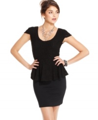 An elegant little peplum dress with lace detail and commanding style, this design from American Rag is a sweet pick for parties and more! An elegant little peplum dress with lace detail and commanding style, this design from American Rag is a sweet pick for parties and more!