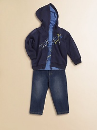 When your little guy is ready to creep and crawl or go out for a stroll, these three easy pieces will keep pace with his energy and brighten up his look.Zip-front hoodie has abstract train track screen, long sleeves, ribbed trim and nylon sleeve insetsLong-sleeve tee has ribbed crewneck, back snap close and train track screenSoftened jeans have back elasticized waist, scoop pockets