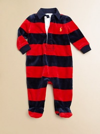 A comfortable footed coverall in plush velour features a preppy rugby stripe and collar for a timeless sporty look.Twill rugby collarLong sleevesButton-frontBottom snapsCotton/PolyesterMachine washImported Please note: Number of buttons/snaps may vary depending on size ordered. A comfortable footed coverall in plush velour features a preppy rugby stripe and collar for a timeless sporty look.Twill rugby collarLong sleevesButton-frontBottom snapsCotton/PolyesterMachine washImported Please note: Number of buttons/snaps may vary depending on size ordered.