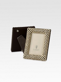 A keepsake accent for life's favorite moments and people, upholstered in smooth leather with 14k gold or platinum-plated braiding. Accommodates a 2 X 3 photograph Hand wipe Imported A keepsake accent for life's favorite moments and people, upholstered in smooth leather with 14k gold or platinum-plated braiding. Accommodates a 2 X 3 photograph Hand wipe Imported