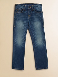 A medium-wash, five-pocket style is updated with whiskering and fading in a slim-fitting silhouette.Front button closureAdjustable waistband with belt loopsZip flyFive-pocket styleCottonMachine washImported of domestic fabric A medium-wash, five-pocket style is updated with whiskering and fading in a slim-fitting silhouette.Front button closureAdjustable waistband with belt loopsZip flyFive-pocket styleCottonMachine washImported of domestic fabric