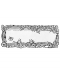 Invite fresh whimsy to the table on the wings of the Butterfly rectangular tray. This springtime motif from Arthur Court's collection of serveware and serving dishes is swarming with butterflies and sand cast in gleaming aluminum--a delight for nature lovers. Perfect for hors d'oeuvres, bread, or grilled fish. Invite fresh whimsy to the table on the wings of the Butterfly rectangular tray. This springtime motif from Arthur Court's collection of serveware and serving dishes is swarming with butterflies and sand cast in gleaming aluminum--a delight for nature lovers. Perfect for hors d'oeuvres, bread, or grilled fish.