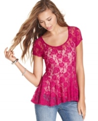 Play-up your pretty young thing style with this sheer lace top from Eyeshadow! A swingy, peplum hem creates the perfect hourglass shape! Play-up your pretty young thing style with this sheer lace top from Eyeshadow! A swingy, peplum hem creates the perfect hourglass shape!