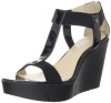 Calvin Klein Women's Maribeth Two Tone Patent/Elastic Wedge Sandal,Black Patent,8 M US