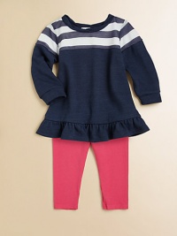 A nautical-inspired set featuring a striped, ruffled tunic atop a pair of cozy leggings.BoatneckLong sleevesPullover styleRuffled hemElastic waist50% polyester/50% rayonMachine washImported A nautical-inspired set featuring a striped, ruffled tunic atop a pair of cozy leggings.BoatneckLong sleevesPullover styleRuffled hemElastic waist50% polyester/50% rayonMachine washImported
