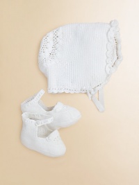Perfect for a christening or other formal events, our exquisite bonnet-and-bootie set is hand-crocheted from luxuriously soft Pima cotton and finished with timeless heritage details for a precious heirloom look. Bonnet Buttoned chin strapBack panel with double-layered scalloped trim Booties Knit strap fastens over a knit pom-pom ankleSatin ribbon lacingPima cottonHand washImported Perfect for a christening or other formal events, our exquisite bonnet-and-bootie set is hand-crocheted from luxuriously soft Pima cotton and finished with timeless heritage details for a precious heirloom look. Bonnet Buttoned chin strapBack panel with double-layered scalloped trim Booties Knit strap fastens over a knit pom-pom ankleSatin ribbon lacingPima cottonHand washImported