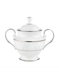 A sweet lace pattern combines with platinum borders to add graceful elegance to your tabletop. The classic shape and pristine white shade make this sugar bowl a timeless addition to any meal. From Lenox's dinnerware and dishes collection. A sweet lace pattern combines with platinum borders to add graceful elegance to your tabletop. The classic shape and pristine white shade make this sugar bowl a timeless addition to any meal. From Lenox's dinnerware and dishes collection.