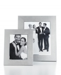 Allover texture gives Leeber's aluminum picture frame a look of modern polish and sophistication. Ideal for any room, setting and photo. Allover texture gives Leeber's aluminum picture frame a look of modern polish and sophistication. Ideal for any room, setting and photo.