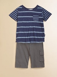 Dapper stripes with convenient patch pocket atop solid cargo-style pants, both in soft knit for stylish comfort and ease. Tee:CrewneckShort sleevesPullover styleFront patch pocket Pants:Elasticized waistOne side cargo pocket35% supima cotton/30% rayon/25% cottonMachine washImported Dapper stripes with convenient patch pocket atop solid cargo-style pants, both in soft knit for stylish comfort and ease. Tee:CrewneckShort sleevesPullover styleFront patch pocket Pants:Elasticized waistOne side cargo pocket35% supima cotton/30% rayon/25% cottonMachine washImported