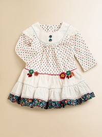 Rendered in plush cotton, this striking frock is dreamy with colorful polka dots, floral embroidery, contrast stitching and full skirt for frilly flair.Round necklineLong sleevesBack snapsGathered waistFull skirtRuffled hemCottonMachine wash or dry cleanMade in France of imported fabric Please note: Number of snaps may vary depending on size ordered. Rendered in plush cotton, this striking frock is dreamy with colorful polka dots, floral embroidery, contrast stitching and full skirt for frilly flair.Round necklineLong sleevesBack snapsGathered waistFull skirtRuffled hemCottonMachine wash or dry cleanMade in France of imported fabric Please note: Number of snaps may vary depending on size ordered.