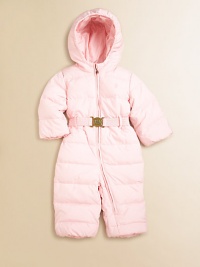 An incredibly warm, down-filled hooded snowsuit is updated for an adorably stylish heritage look with a belted waist and Ralph Lauren crest-engraved metal plaque buckle.Down-filled hoodLong sleevesFull-zip frontBelted waistFully linedShell and lining: PolyesterFill: 60% down/40% waterfowl feathersMachine washImported