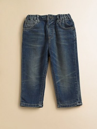 Comfy jeans, just like the grownups wear, with five-pocket styling, minimal fading and slight distressing.Adjustable elasticized waist Belt loops Mock front button and fly Two front pockets, plus coin pocket Back patch pockets 98% cotton/2% elastane; machine wash Imported Comfy jeans, just like the grownups wear, with five-pocket styling, minimal fading and slight distressing.Adjustable elasticized waist Belt loops Mock front button and fly Two front pockets, plus coin pocket Back patch pockets 98% cotton/2% elastane; machine wash Imported