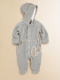 An adorable squirrel detail and Fendi logo trim make this velour footie a must-have for baby.Attached hoodFront snap closureSlash side pockets80% cotton/20% polyamideMachine washMade in Italy of imported fabric An adorable squirrel detail and Fendi logo trim make this velour footie a must-have for baby.Attached hoodFront snap closureSlash side pockets80% cotton/20% polyamideMachine washMade in Italy of imported fabric