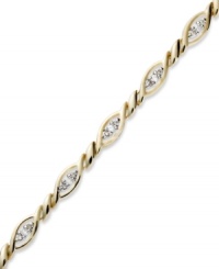 Up your glam factor. YellOra™'s trendy twisted bracelet showcases round-cut diamonds front and center (1/3 ct. t.w.). Precious metal made from a combination of pure gold, sterling silver and palladium. Approximate length: 7-1/2 inches. Up your glam factor. YellOra™'s trendy twisted bracelet showcases round-cut diamonds front and center (1/3 ct. t.w.). Precious metal made from a combination of pure gold, sterling silver and palladium. Approximate length: 7-1/2 inches.