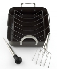 Every kitchen and every gourmet cook should be treated to the mastery of Calphalon® cookware. The high-performance quality of the nonstick interior allows for quick, easy cooking and cleanup. Contemporary Nonstick handles allows for safe and easy handling of even your hottest dishes. Includes nonstick roasting rack and turkey lifters. Carries a lifetime warranty. Every kitchen and every gourmet cook should be treated to the mastery of Calphalon® cookware. The high-performance quality of the nonstick interior allows for quick, easy cooking and cleanup. Contemporary Nonstick handles allows for safe and easy handling of even your hottest dishes. Includes nonstick roasting rack and turkey lifters. Carries a lifetime warranty.