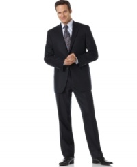 An impressive suit for the impressive man. Two-button jacket features notched lapel, two front flap pockets, two inside slit pockets and four button cuff detail. Pleated pant has back slit pockets, single back vent. An impressive suit for the impressive man. Two-button jacket features notched lapel, two front flap pockets, two inside slit pockets and four button cuff detail. Pleated pant has back slit pockets, single back vent.