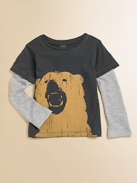 A long-sleeved, layered-look cotton tee is wild and wooly with a fierce bear graphic.CrewneckLong layered-look sleevesPullover styleCottonMachine washImported