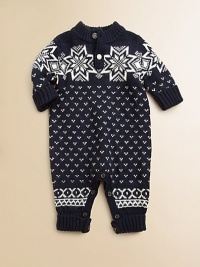 An adorable long-sleeved coverall is intarsia-knit with a festive snowflake pattern, perfect for the holiday season.Ribbed stand collarLong sleevesButton-frontBottom buttonsCottonMachine washImported Please note: Number of buttons/snaps may vary depending on size ordered. An adorable long-sleeved coverall is intarsia-knit with a festive snowflake pattern, perfect for the holiday season.Ribbed stand collarLong sleevesButton-frontBottom buttonsCottonMachine washImported Please note: Number of buttons/snaps may vary depending on size ordered.