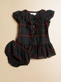 A timeless plaid pattern relaxes a cotton-blend dress with charming ruffles at the placket and hem.CrewneckCap sleevesFront button placketRuffled hemCotton/Mirco-Rayon/WoolMachine washImported Please note: Number of buttons may vary depending on size ordered. A timeless plaid pattern relaxes a cotton-blend dress with charming ruffles at the placket and hem.CrewneckCap sleevesFront button placketRuffled hemCotton/Mirco-Rayon/WoolMachine washImported Please note: Number of buttons may vary depending on size ordered.