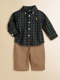 A handsome plaid shirt and a pair of soft cotton pants with a complementary belt create a classic combination for your baby boy's outings. Shirt Button-down collarLong sleeves with button-barrel cuffsButton-frontShirttail hem Corduroy pants Button closureRear elasticized waistband with belt loopsZip flyVertical welt pocketsButton-flap patch pocketCottonMachine washImported Please note: Number of buttons may vary depending on size