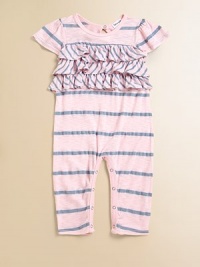 Tiers of ruffles and contrasting stripes add a little glam this comy, cozy one-piece.ScoopneckShort flutter sleevesBack keyhole snapRuffled bodiceBottom snaps36% supima cotton/36% micro modal/26% polyesterMachine washMade in USA Please note: number of snaps may vary depending on size ordered. Tiers of ruffles and contrasting stripes add a little glam this comy, cozy one-piece.ScoopneckShort flutter sleevesBack keyhole snapRuffled bodiceBottom snaps36% supima cotton/36% micro modal/26% polyesterMachine washMade in USA Please note: number of snaps may vary depending on size ordered.