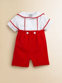 A charming, nautical-inspired set includes a button-down shirt with velvet piping and matching, button-on, velvet shorts. Shirt Sailor collarShort sleevesButton-front Shorts Pleated waistband with buttonsCotton/PolyesterMachine washImported Please note: Number of buttons may vary depending on size ordered. A charming, nautical-inspired set includes a button-down shirt with velvet piping and matching, button-on, velvet shorts. Shirt Sailor collarShort sleevesButton-front Shorts Pleated waistband with buttonsCotton/PolyesterMachine washImported Please note: Number of buttons may vary depending on size ordered.