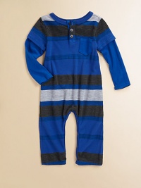 A sporty, striped, button-front one-piece ensemble crafted in a layered-look design for handsome style.CrewneckLayered-look long sleevesButton-frontPatch pocketBottom snaps49% polyester/35% cotton/16% micro modalMachine washImported Please note: Number of snaps/buttons may vary depending on size ordered. A sporty, striped, button-front one-piece ensemble crafted in a layered-look design for handsome style.CrewneckLayered-look long sleevesButton-frontPatch pocketBottom snaps49% polyester/35% cotton/16% micro modalMachine washImported Please note: Number of snaps/buttons may vary depending on size ordered.