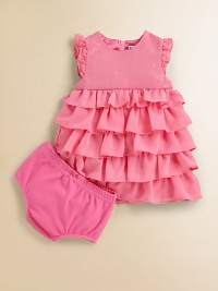 Sparkling sequins and a tiered ruffled skirt lend eye-catching style to this precious dress and bloomers set.Round necklineFlutter sleevesBack zipperTiered ruffled skirtPolyesterHand washImported Please note: Number of buttons may vary depending on size ordered. 