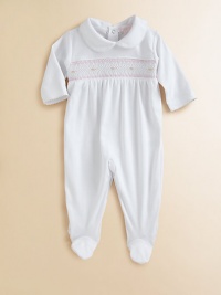 This angelic one-piece is crafted in plush pima cotton and embellished with eye-catching smocking and scalloping for sweet baby style.Peter Pan collarLong sleevesBack snapsBottom snapsPima cottonMachine washImported Please note: Number of snaps may vary depending on size ordered. This angelic one-piece is crafted in plush pima cotton and embellished with eye-catching smocking and scalloping for sweet baby style.Peter Pan collarLong sleevesBack snapsBottom snapsPima cottonMachine washImported Please note: Number of snaps may vary depending on size ordered.