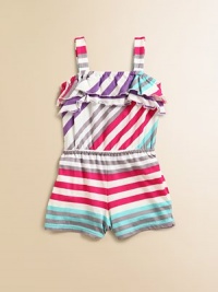 Stripes and ruffles add girly pizazz to a cute and cozy one-piece outfit.Ruffled elastic necklineSleevelessPull-on styleElastic waist96% rayon/4% spandexMachine washImported Stripes and ruffles add girly pizazz to a cute and cozy one-piece outfit.Ruffled elastic necklineSleevelessPull-on styleElastic waist96% rayon/4% spandexMachine washImported