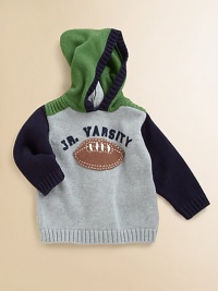 Your little boy will score a touchdown in this knit hoodie with full back zipper and football motif.Attached hoodLong sleevesBack zipperRibbed cuffs and hemCottonMachine washImported Your little boy will score a touchdown in this knit hoodie with full back zipper and football motif.Attached hoodLong sleevesBack zipperRibbed cuffs and hemCottonMachine washImported