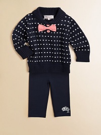 A comfy cotton knit is adorned with decorative bow and button details and paired with matching leggings for cozy, cute style.Folded collarLong sleevesPullover styleRibbed cuffs and hemElastic hemSweater: CottonLeggings: 94% cotton/6% spandexMachine washImported A comfy cotton knit is adorned with decorative bow and button details and paired with matching leggings for cozy, cute style.Folded collarLong sleevesPullover styleRibbed cuffs and hemElastic hemSweater: CottonLeggings: 94% cotton/6% spandexMachine washImported