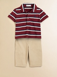 This adorable set pairs a lightweight striped polo with traditional chino pants and a bulldog ribbon belt for preppy, tailored style. Polo Shirt Pointed collarShort sleevesButton-front Pants Button closureBelted waistband with D-ring beltZip flyCottonMachine washImported Please note: Number of buttons may vary depending on size ordered. This adorable set pairs a lightweight striped polo with traditional chino pants and a bulldog ribbon belt for preppy, tailored style. Polo Shirt Pointed collarShort sleevesButton-front Pants Button closureBelted waistband with D-ring beltZip flyCottonMachine washImported Please note: Number of buttons may vary depending on size ordered.